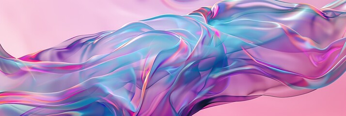 Panoramic abstract background featuring flowing, swirling shapes resembling iridescent fabric or liquid metal in shades of pink, blue, and purple. Fluid motion.
