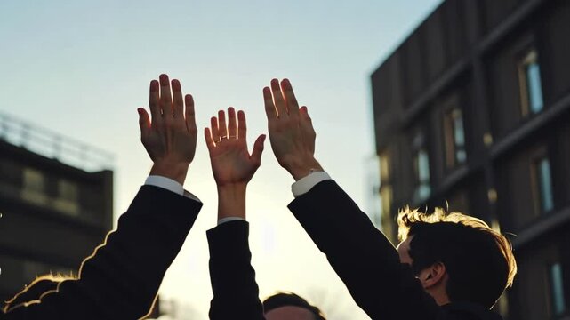Successful business team celebrating achievement with a high five gesture outdoors
