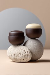 Two dark-brown ceramic containers sit atop stacked stones.