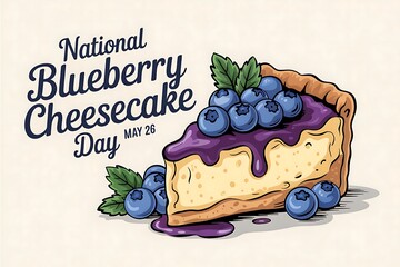 Celebrate National Blueberry Cheesecake Day May 26 with a delicious slice of creamy cheesecake topped with juicy blueberries and a luscious blueberry glaze in a vibrant cartoon