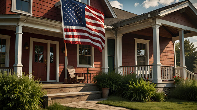 arge American Flag on Classic Wooden House Porch – Rustic Farmhouse Style in Warm Summer Daylight