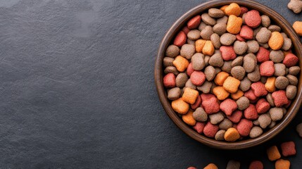This image showcases a bowl filled with vibrant dog kibble, emphasizing the importance of nutritious pet food and the joyful feeding moments shared with pets.
