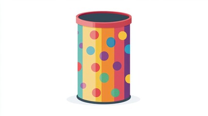 Colorful cylindrical container with polka dots and stripes