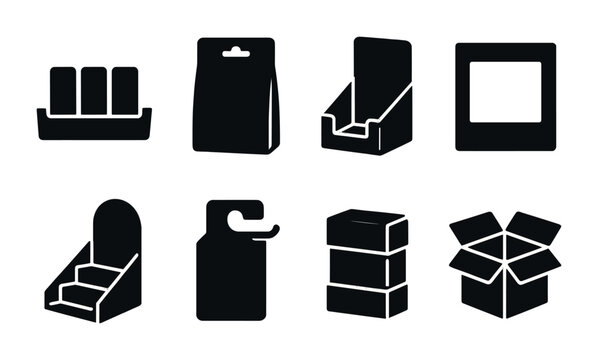 Retail packaging silhouette icon set &ndash; solid style merchandising and branding symbols for product display: box, bag, hanger, stand, tray, open box, parcel