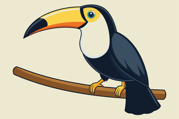 illustration of a toucan perched on a wooden branch.