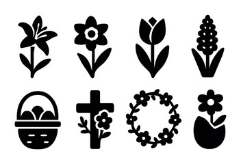 Fototapeta premium Spring garden silhouette icons set – solid style floral design elements for seasonal decor: lily, daffodil, tulip, hyacinth, easter basket, cross, wreath, potted plant.