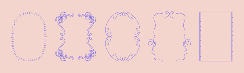 Collection of doodle hand drawn trendy frames with wavy lines, bows and ribbons. Minimalist line art for birthday, christmas, wedding Invitations.