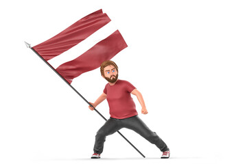 Cartoon character gripping waving Latvian flag. 3D Rendering