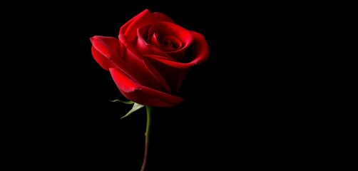 Naklejka premium A single, velvety red rose blooms against a stark black background, backdrop, passion