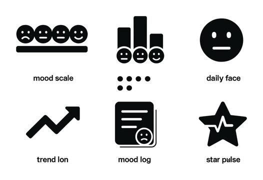 Emotion analysis icon set – filled style mood and sentiment tracking symbols: mood scale, daily face, trend icon, mood log, star pulse