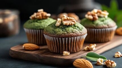 These vibrant matcha cupcakes feature a rich green hue and are topped with a delightful assortment of walnuts and almonds for an added crunchy texture and freshness.