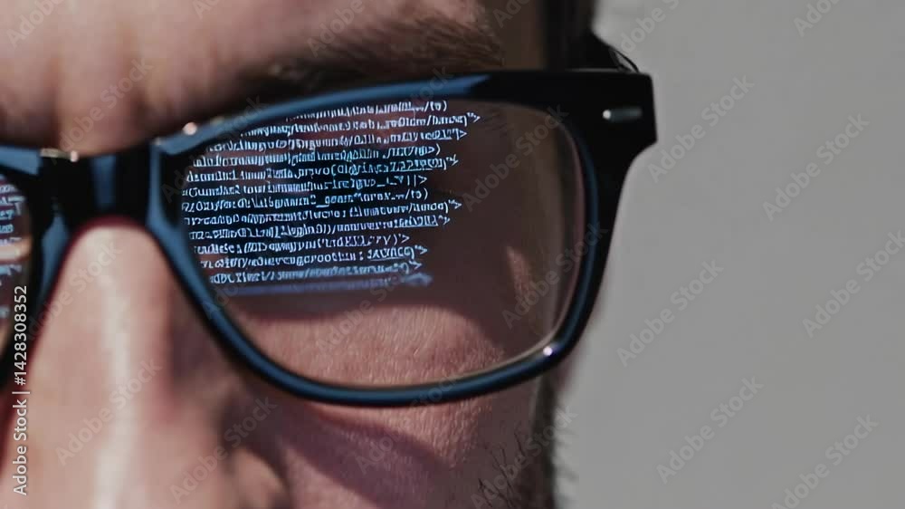 Poster Programmer wearing sleek glasses with illuminated code lines reflecting, representing cutting edge digital technology and innovative software development interface concept