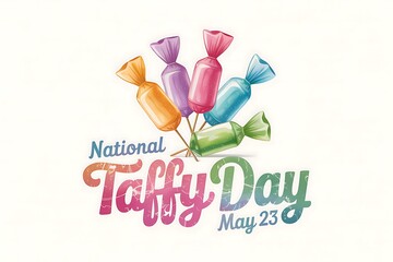 Celebrate National Taffy Day May 23rd with a burst of colorful taffy candies a delightful sweet treat graphic design featuring vibrant hues and a playful vintage font style