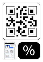 QR code accompanied by app interface showcasing user profile, navigation options, and a percentage symbol for deals. Ideal for technology, mobile payment, e-commerce, marketing, navigation