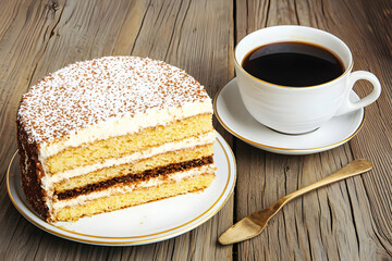 Delicious Tiramisu Cake Slice with Coffee on Rustic Wood