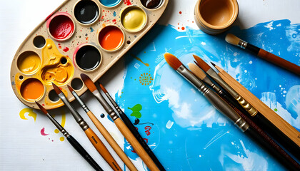 Artistic Palette with Vibrant Colors and Brushes on a Blue Canvas