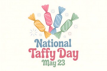 Celebrate National Taffy Day on May 23rd with colorful sweet taffy candies illustrated in a playful festive design with a clean white background and simple pastel color palette