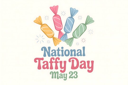 Celebrate National Taffy Day on May 23rd with colorful sweet taffy candies illustrated in a playful festive design with a clean white background and simple pastel color palette