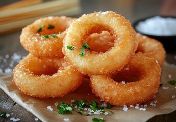 Deliciously Crispy Fried Rings with Fluffy Texture and Garnish Sitting on a Wooden Table Surrounded by Salt and Fresh Herbs in Perfect Lighting