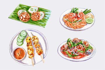 Watercolor Thai food elements collection