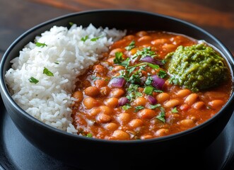 Flavorful Bowl of Beans with White Rice and Spicy Green Sauce Garnished with Fresh Herbs and Chopped Onion on a Wooden Table