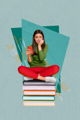 Exclusive pop vertical sketch art collage of happy student girl guy do homework book stack education concept bookworm hobby reader