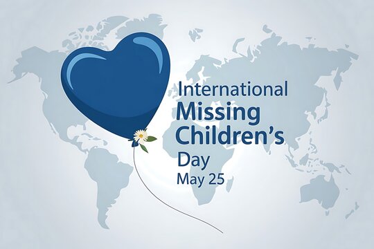 A heart-shaped blue balloon symbolizes hope for missing children on International Missing Children's Day, May 25, a global reminder of their importance with a soft blue and grey - Powered by Adobe