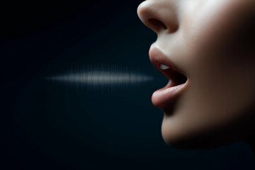 A close-up of a woman's lips with sound waves emanating, illustrating the concept of voice and speech in a dark, dramatic setting.