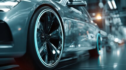 Sleek, modern automobile in a production facility.