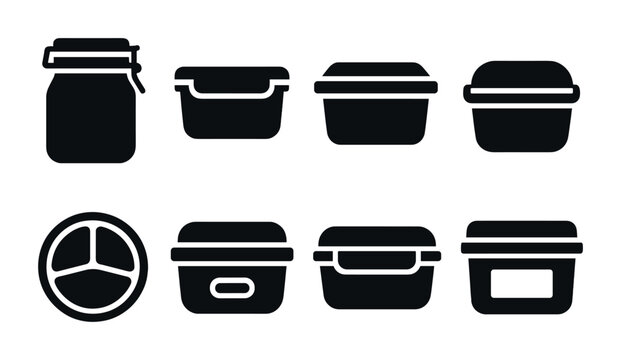 Kitchen container icons – solid style food storage, organization symbols for home management: jar, lunchbox, bento box, divided tray, sealed container, airtight box, food holder