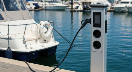 Fototapeta premium Electric boat charger at a sunny marina with yachts and sailboats in the background. Concept of sustainable energy, green technology, and eco-friendly marine transportation.