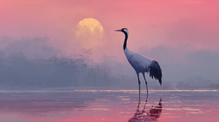 Majestic red-hued sunrise featuring a crane.