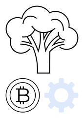 Tree structure alongside Bitcoin logo and gear icon combines nature, technology, and cryptocurrency. Ideal for sustainability, innovation, ecology, blockchain, renewable resources, financial tech