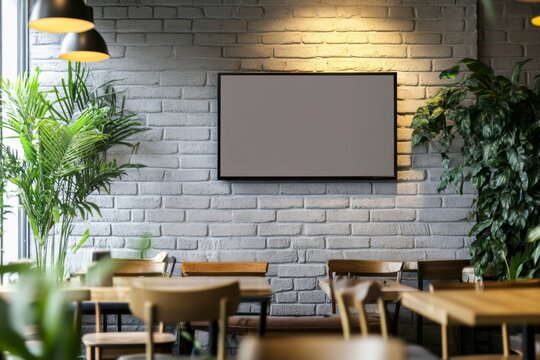 Modern cafe interior with empty screen