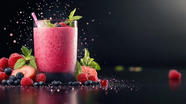 Composition rafrachissante avec verre de smoothie rose, fruits rouges autour, menthe en sur fond noir en ardoise, ambiance saine