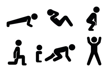 Fitness and exercise silhouette icons set – solid style workout, training, and gym symbols for health enthusiasts: push-up, sit-up, squat, lunge, mountain climber, jumping jack.