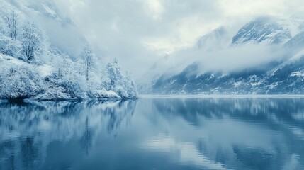 Serene winter landscape with snow covered trees and mountains reflecting in calm water fog sky art
