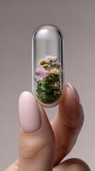 Hand with nail polish holding a transparent pill with flowers and grass, representing natural medicine and healthcare