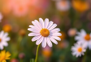 Obraz premium A vibrant single chamomile flower, petals crisp and bright against a blurred background, garden, spring