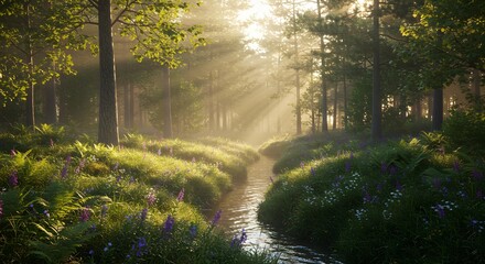 morning mist in the forest. Generative AI.