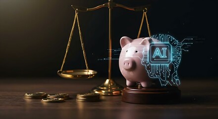 Balancing scales and a piggy bank with a glowing ai chip and digital circuit connections, illustrating the concept of artificial intelligence impacting wealth and investment strategy