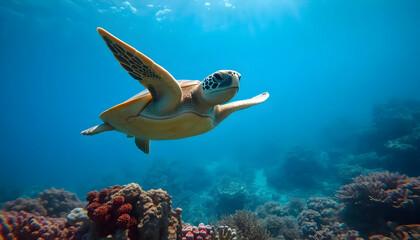 Hawksbill Sea Turtle Swimming Gracefully Through Coral Reef In Crystal Clear Blue Water