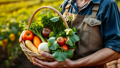 Individual Holding a Basket of Fresh Vegetables in a Lush Field