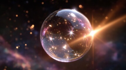 Fototapeta premium Cosmic bubble reflecting twinkling stars in a distant galaxy with radiant light beam illuminating the scene