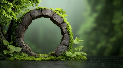 A majestic stone archway shrouded in a verdant veil of moss and vines in a peaceful forest grove