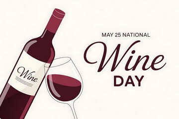 Celebrate National Wine Day on May 25th: A bottle of rich red wine pours into a waiting glass ready for a toast to this special occasion Simple elegant design with a crisp white
