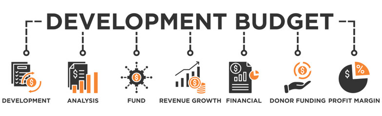 development budget life cycle banner web icon illustration concept of sdlc with icon of development, cost analysis, fund allocation, revenue growth, financial report, donor funding, profit margin