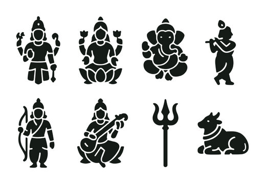 Hindu deities silhouette icon set - religious symbols for cultural and spiritual design: shiva, saraswati, ganesha, krishna, ram, durga, trishul, nandi