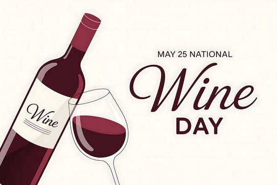 Celebrate National Wine Day on May 25th: A bottle of rich red wine pours into a waiting glass ready for a toast to this special occasion Simple elegant design with a crisp white