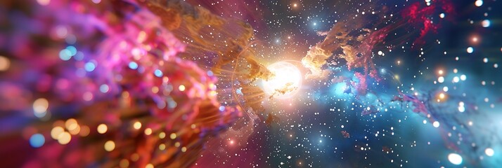 Vibrant panoramic nebula landscape with swirling colorful gas clouds, bright stars, and distant galaxies in deep space. Imaginative celestial background scene.
